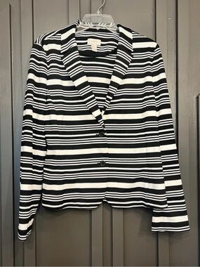 LOFT Black & White Striped Knit Notch Lapel Blazer